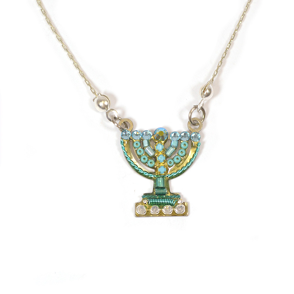 Jewish Jewelry Green And Gold Crystal Menorah Necklace, Made In Israel