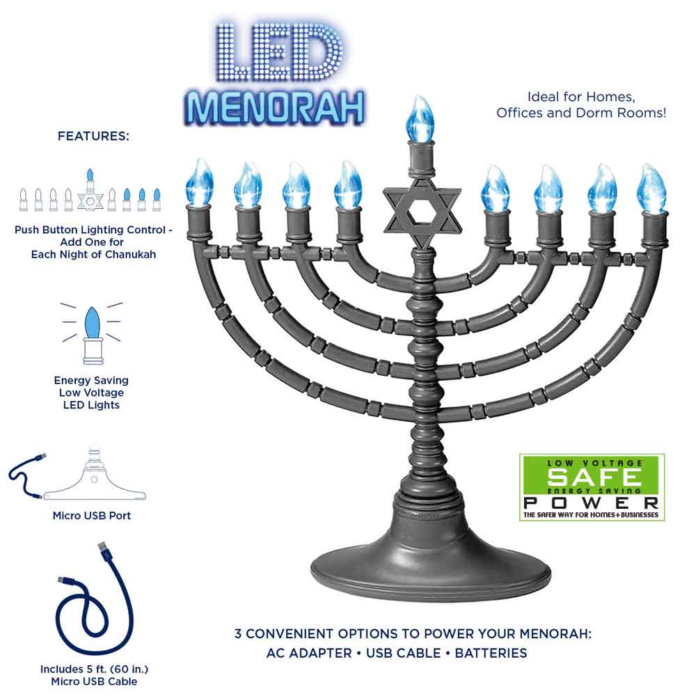 Israel Giftware Designs Electric Gold Tone Menorah with Clear and Blue Bulbs