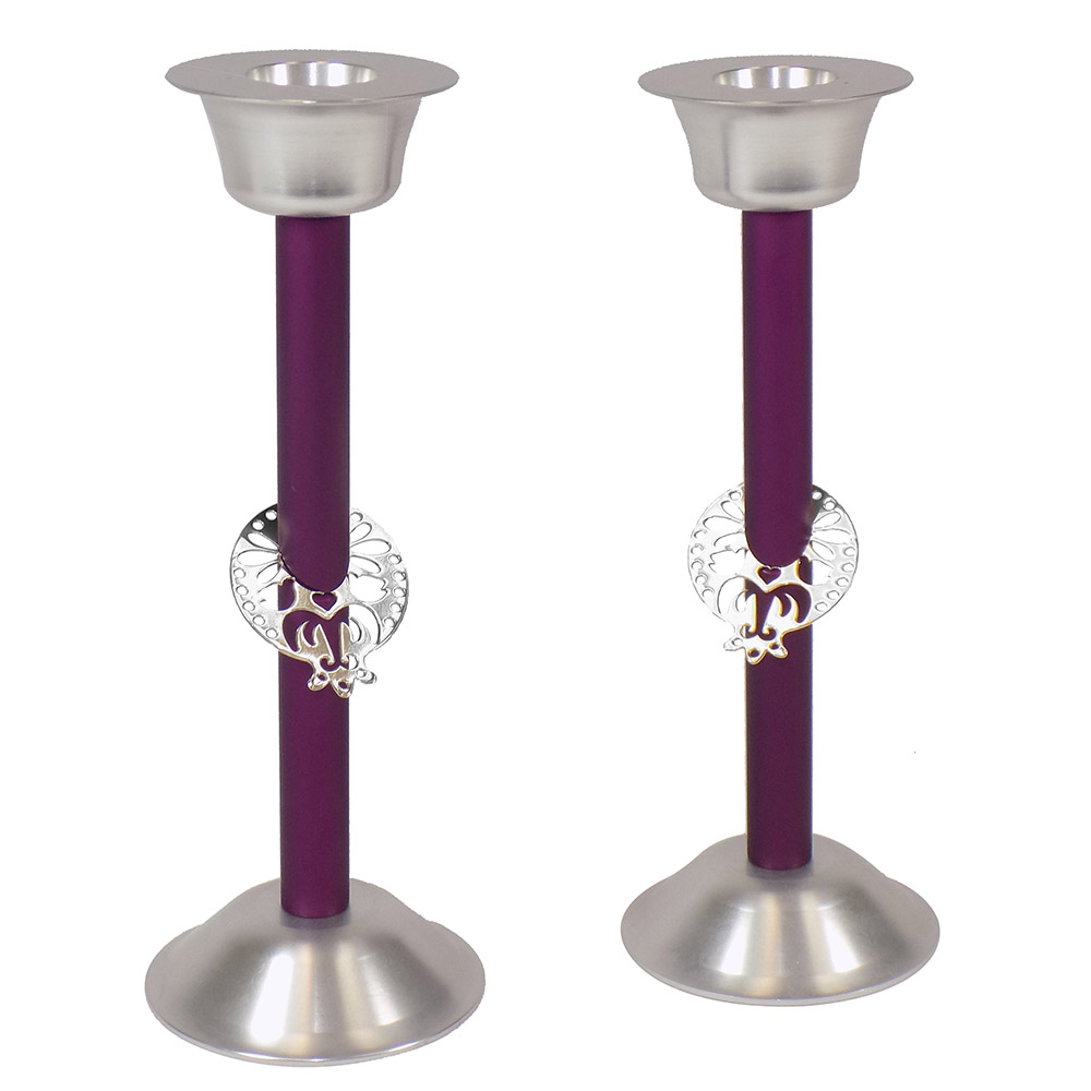 Made In Israel Purple Pomegrantes Shabbat Aluminum Candlesticks