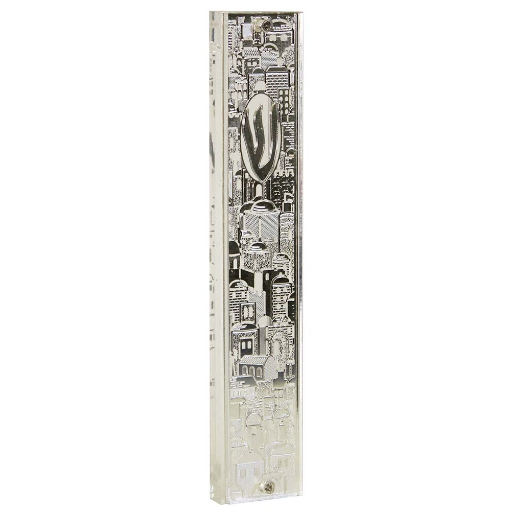 Jewish Gifts Silver Metal Lucite Jerusalem Theme Mezuzah