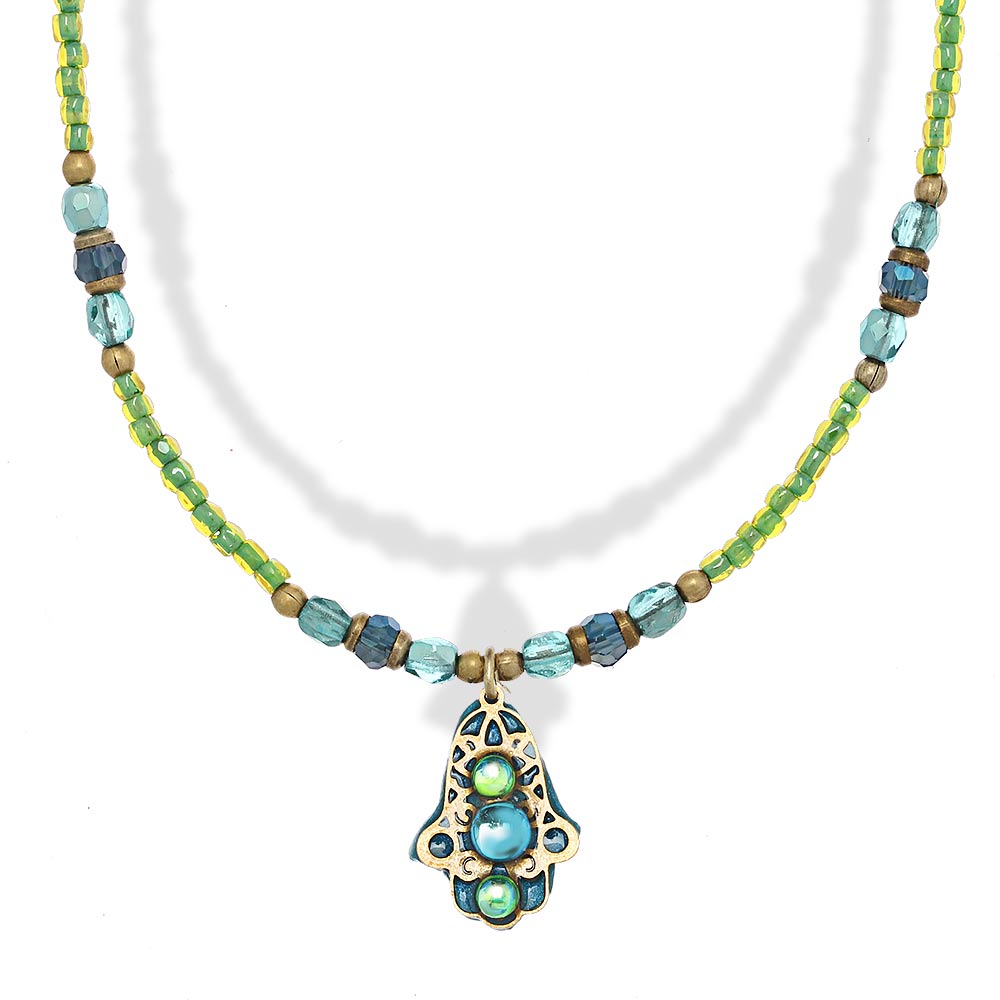 Jewish JewelryJudaicaSmall Green Hamsa Beaded Necklace