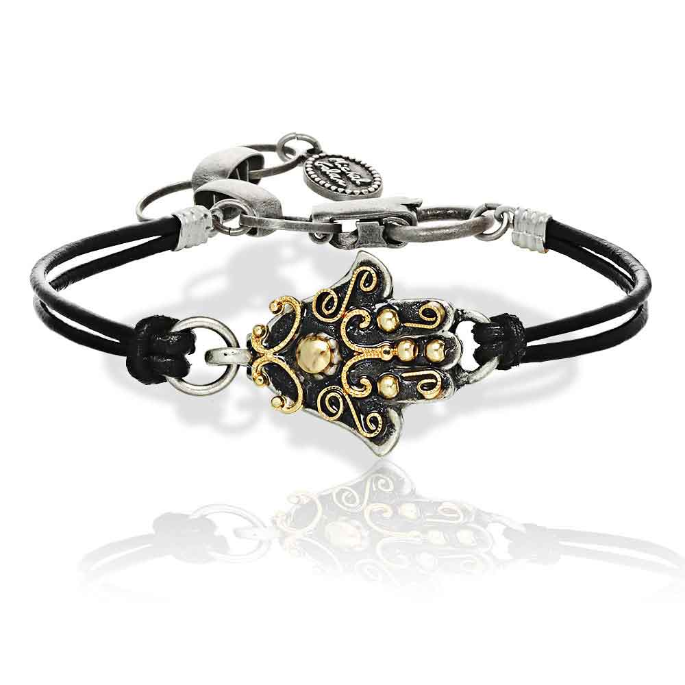 Jewish JewelryJudaicaBlack Gold Hamsa Leather Bracelet
