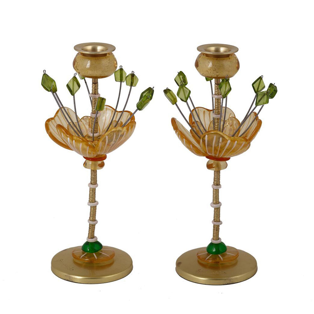 Green And Gold Flower Shabbat Candlesticks