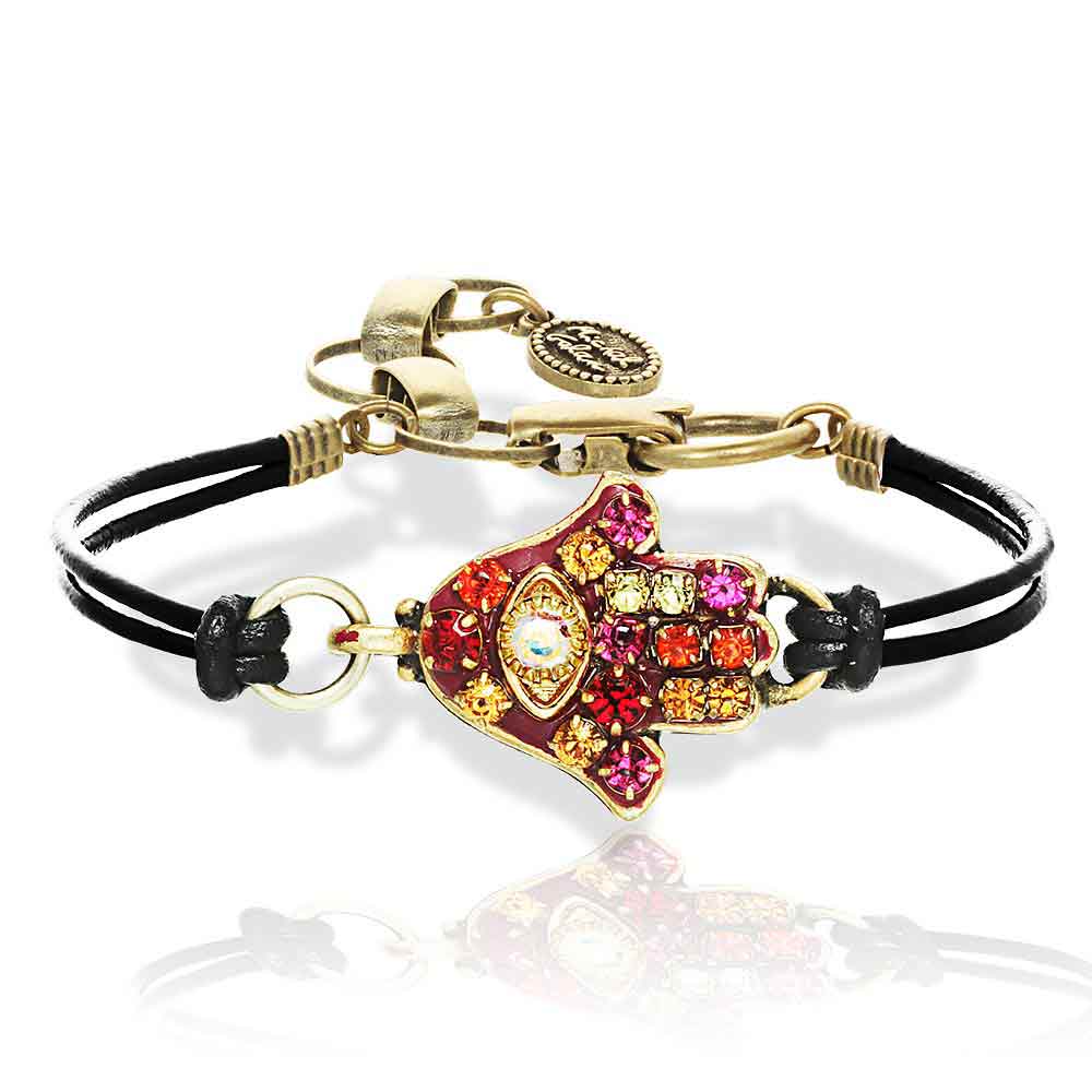 Jewish JewelryJudaicaMulti Color Stone Hamsa Leather Bracelet