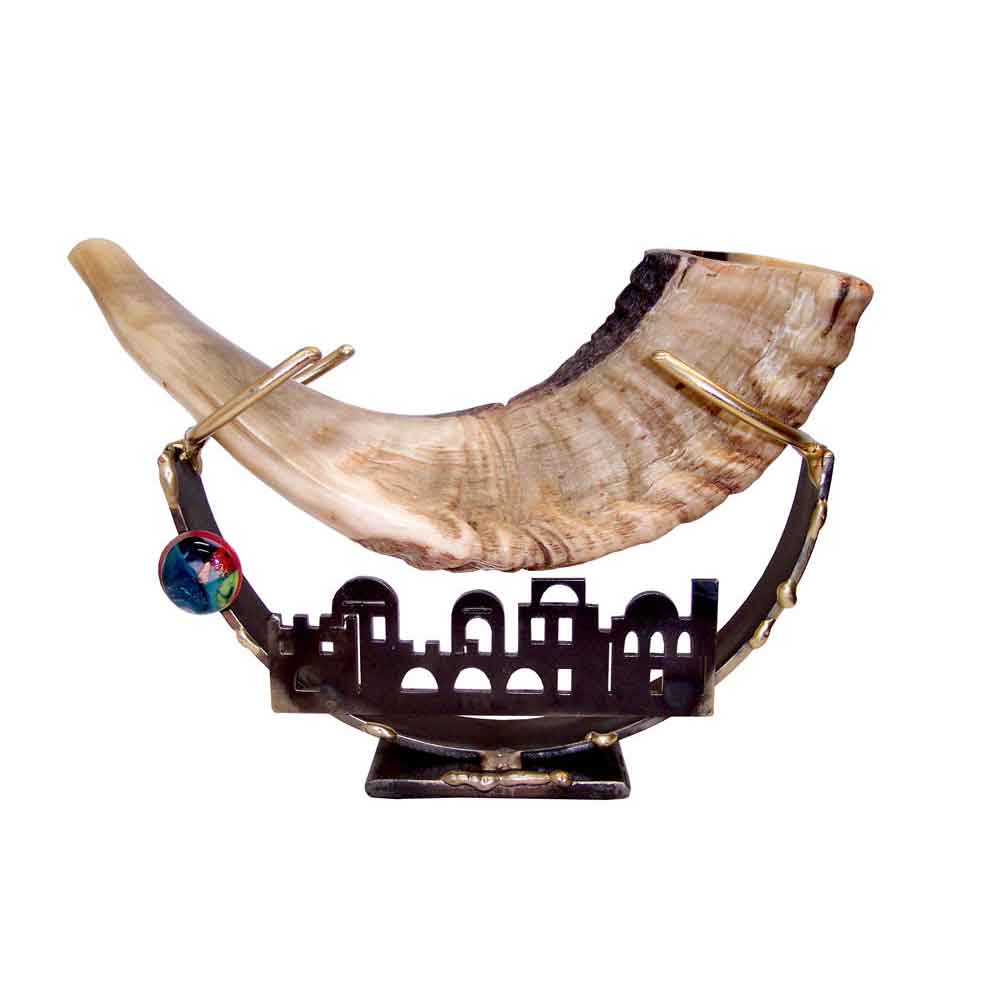 Rams Horn Shofar On Sculpted Jerusalem Shofar Stand