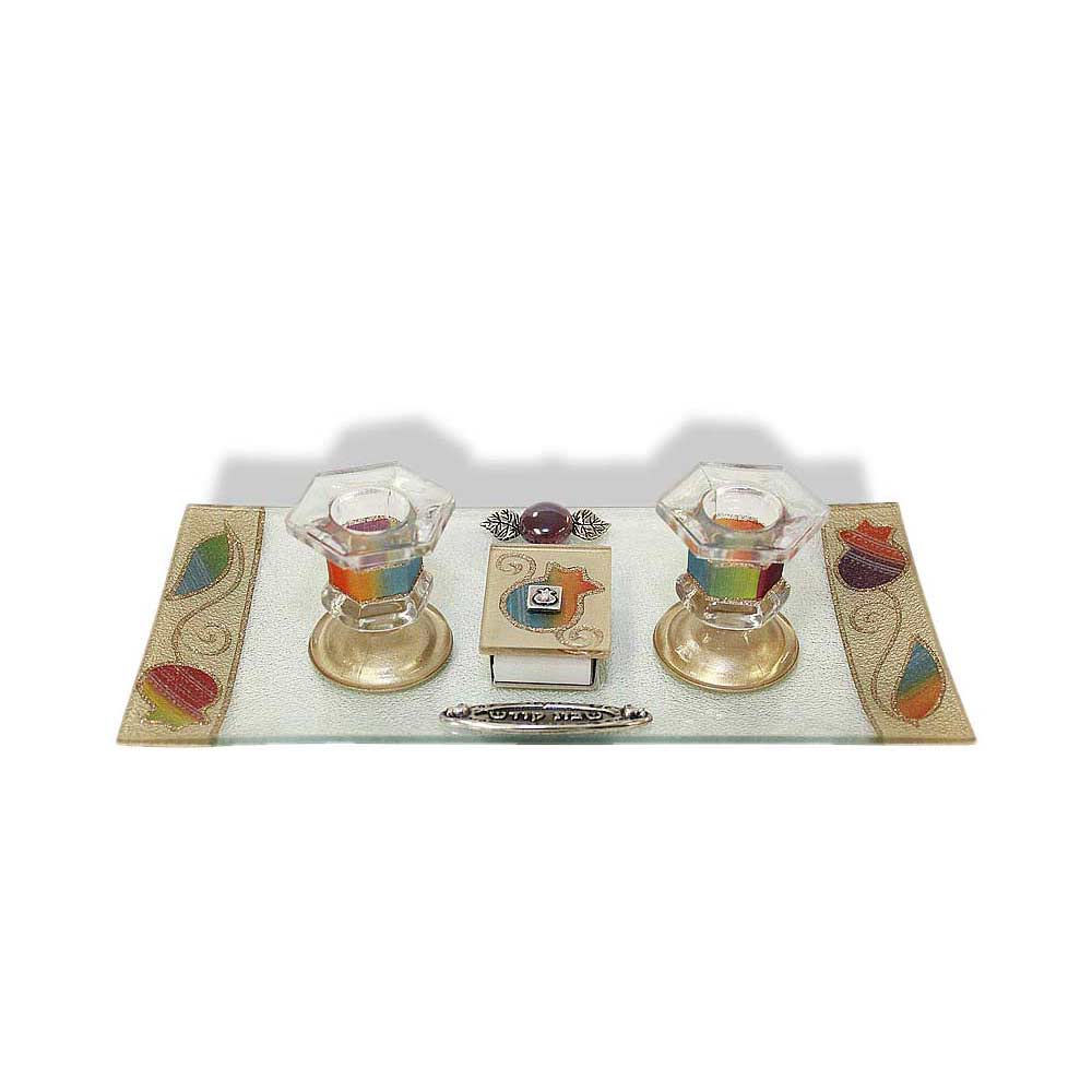 Jewish GiftsShabbat Candlesticks, Tray And Matchbox Cover