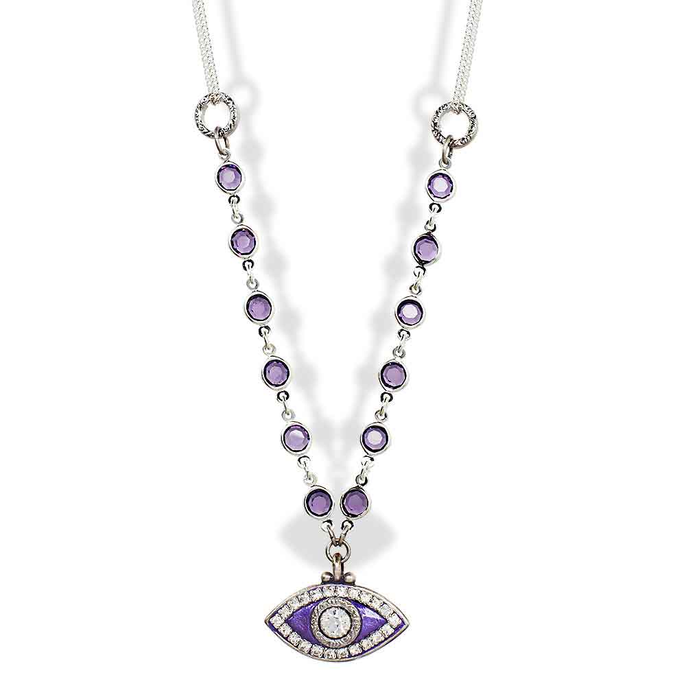 Jewish Jewelry-Judaica-Silver Purple Evil Eye Necklace